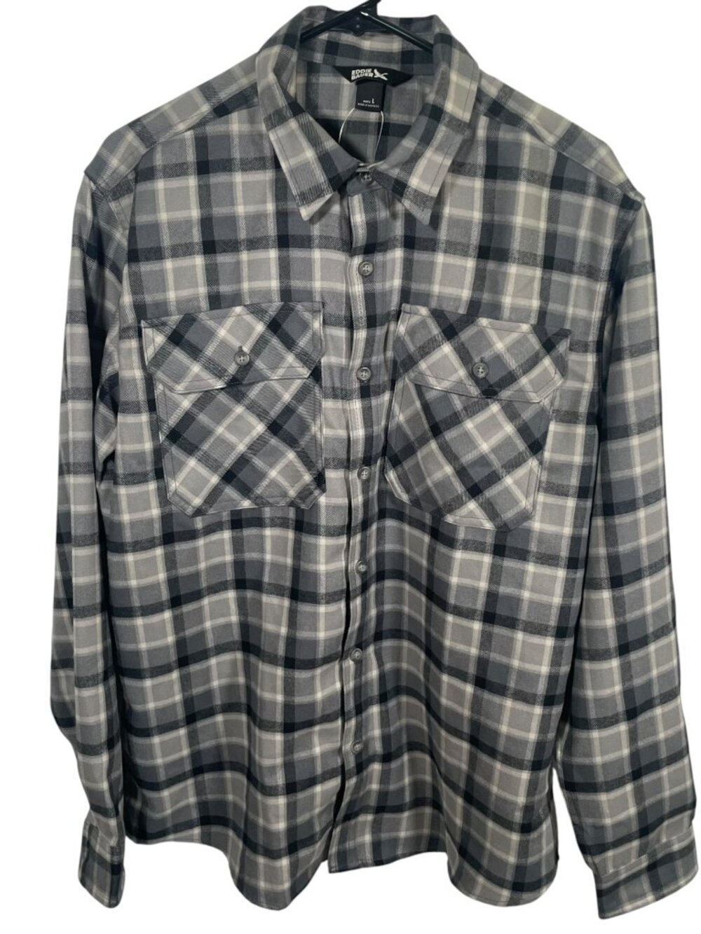 Eddie Bauer Excavation 3.0 Flannel Shirt  Mens Large Gray Plaid Button Up NWT